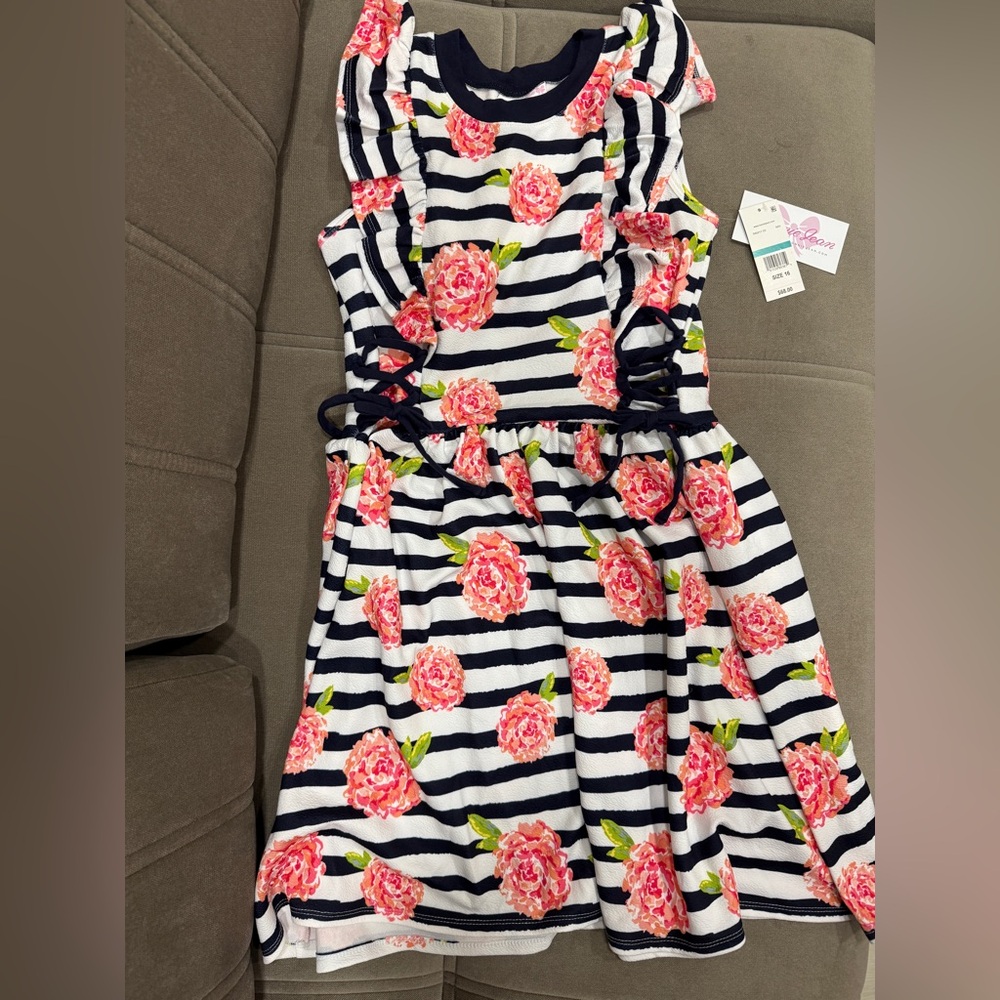 Bonnie Jean Navy and White Striped Dress with Pink Floral
